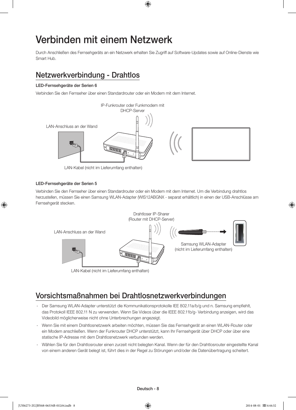 Verbinden mit einem netzwerk, Netzwerkverbindung - drahtlos | Samsung UE32H5373SS User Manual | Page 28 / 82