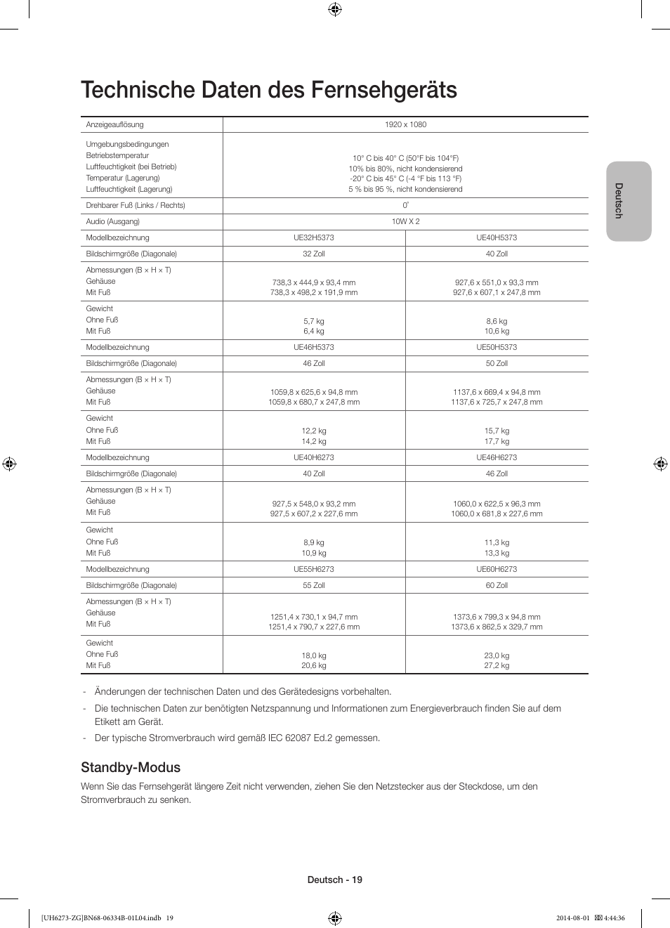 Technische daten des fernsehgeräts, Standby-modus | Samsung UE32H5373SS User Manual | Page 39 / 82