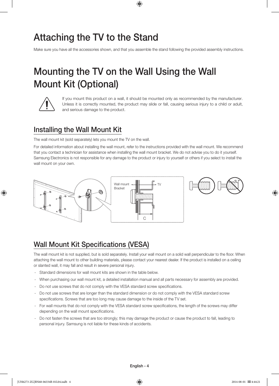 Attaching the tv to the stand, Installing the wall mount kit, Wall mount kit specifications (vesa) | Samsung UE32H5373SS User Manual | Page 4 / 82