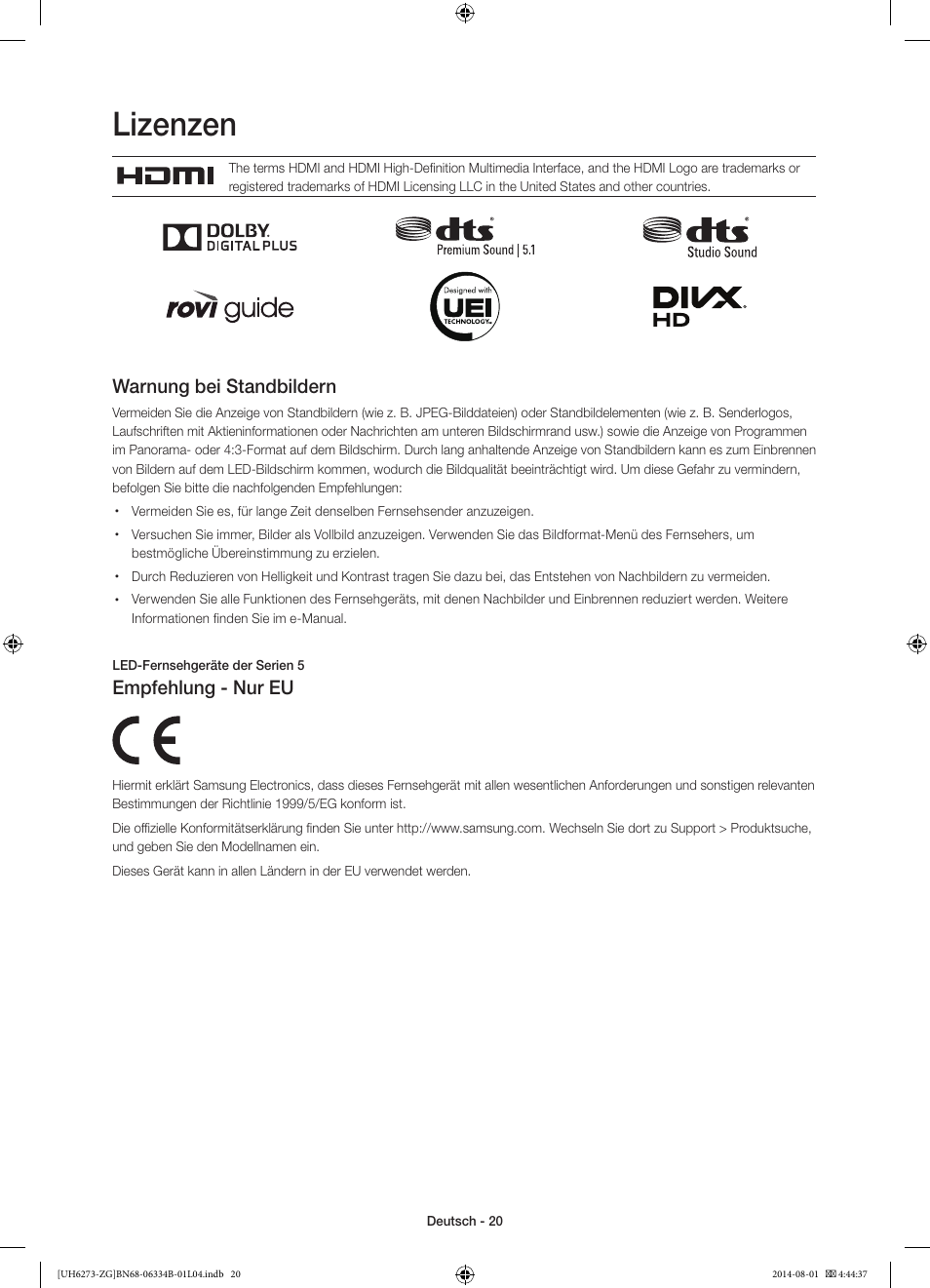 Lizenzen, Warnung bei standbildern, Empfehlung - nur eu | Samsung UE32H5373SS User Manual | Page 40 / 82