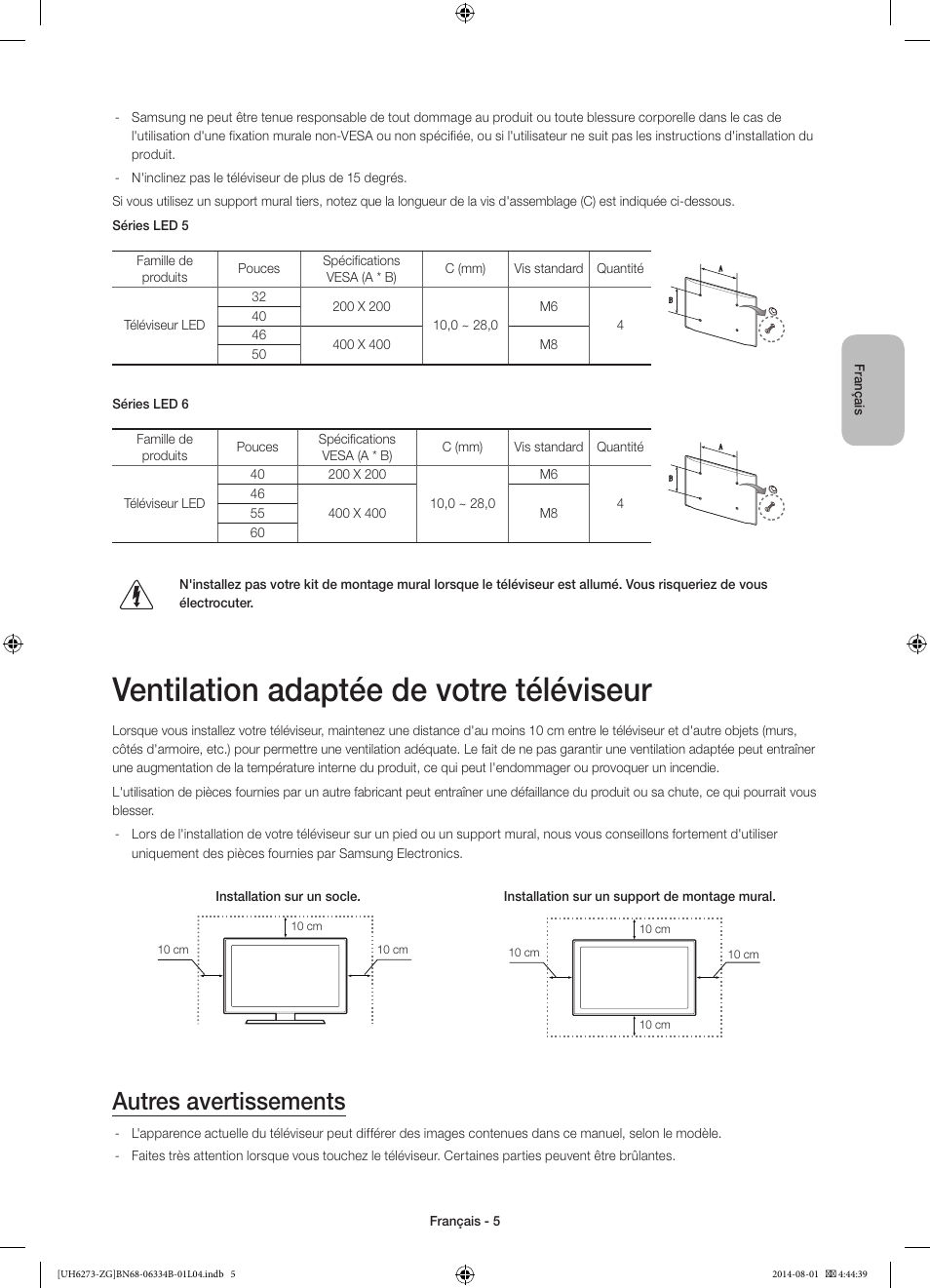 Ventilation adaptée de votre téléviseur, Autres avertissements | Samsung UE32H5373SS User Manual | Page 45 / 82