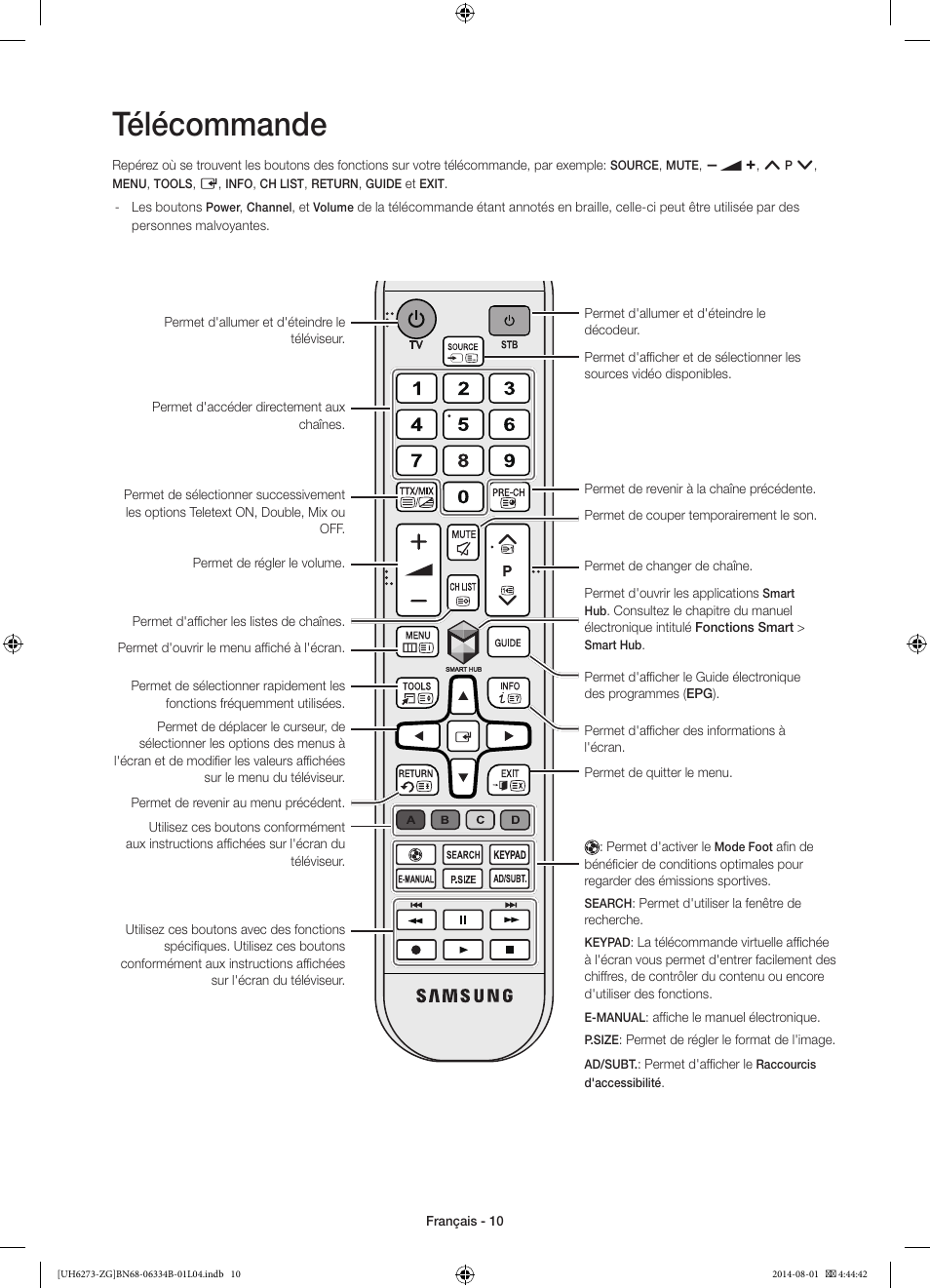Télécommande | Samsung UE32H5373SS User Manual | Page 50 / 82