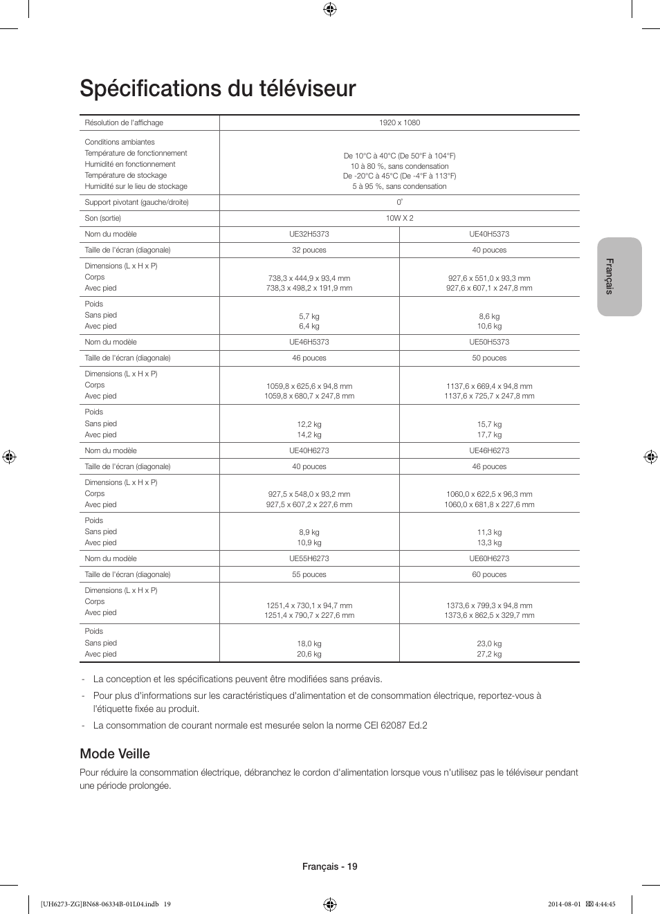 Spécifications du téléviseur, Mode veille | Samsung UE32H5373SS User Manual | Page 59 / 82