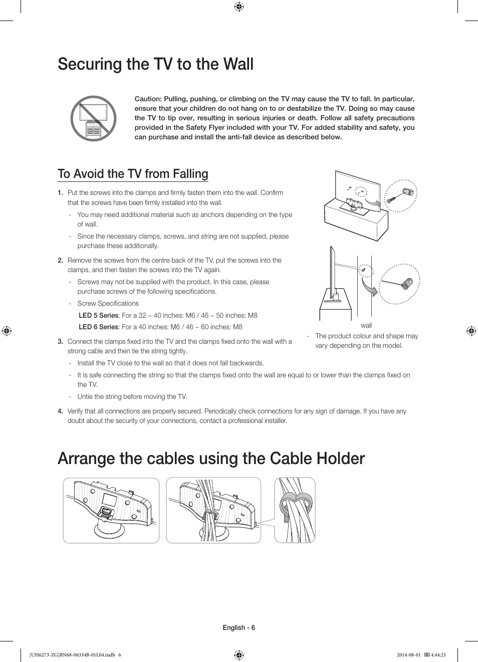 Securing the tv to the wall, Arrange the cables using the cable holder | Samsung UE32H5373SS User Manual | Page 6 / 82