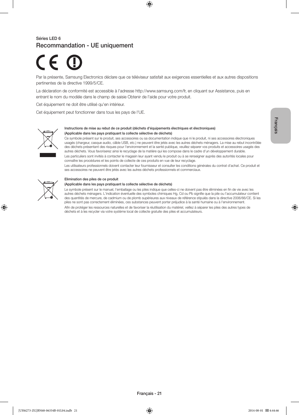 Recommandation - ue uniquement | Samsung UE32H5373SS User Manual | Page 61 / 82