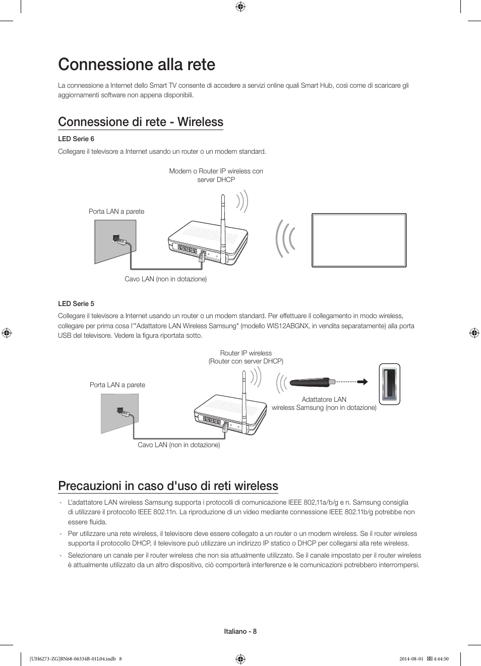 Connessione alla rete, Connessione di rete - wireless, Precauzioni in caso d'uso di reti wireless | Samsung UE32H5373SS User Manual | Page 68 / 82