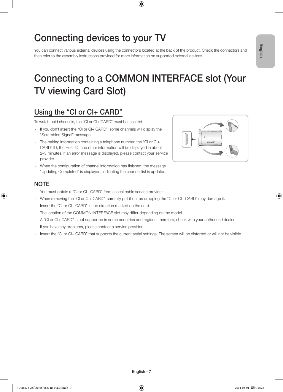 Connecting devices to your tv, Using the “ci or ci+ card | Samsung UE32H5373SS User Manual | Page 7 / 82