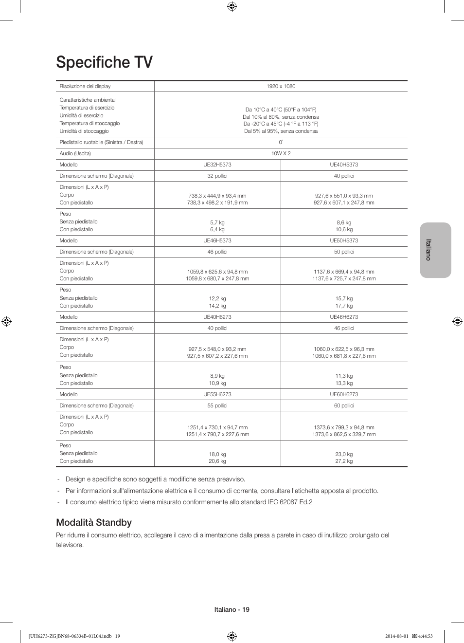 Specifiche tv, Modalità standby | Samsung UE32H5373SS User Manual | Page 79 / 82