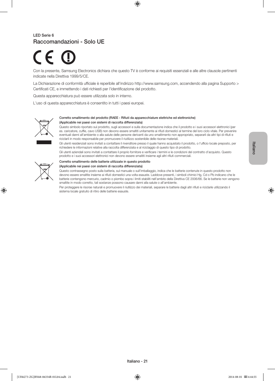 Raccomandazioni - solo ue | Samsung UE32H5373SS User Manual | Page 81 / 82