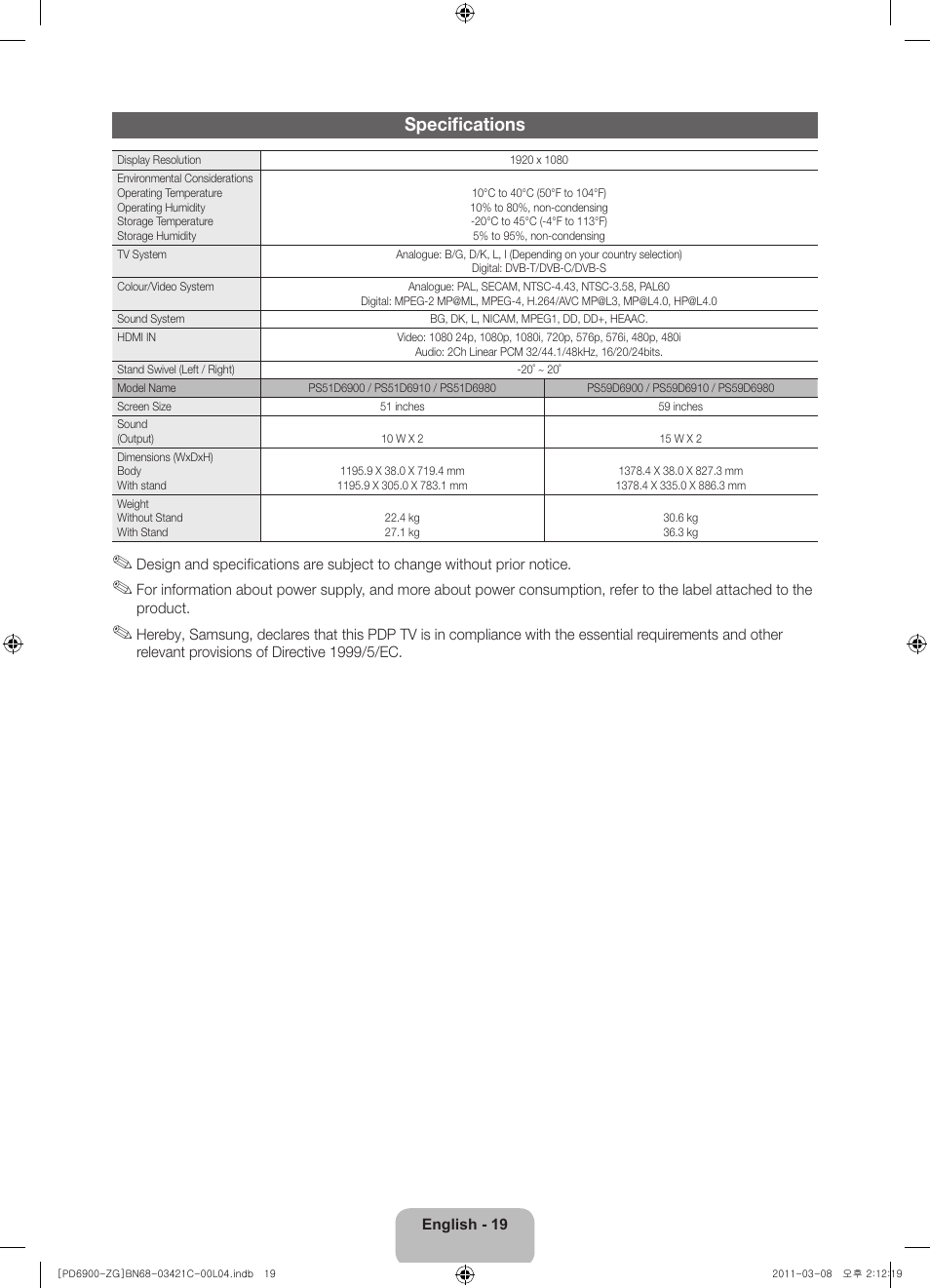 Specifications | Samsung PS59D6900DS User Manual | Page 19 / 78