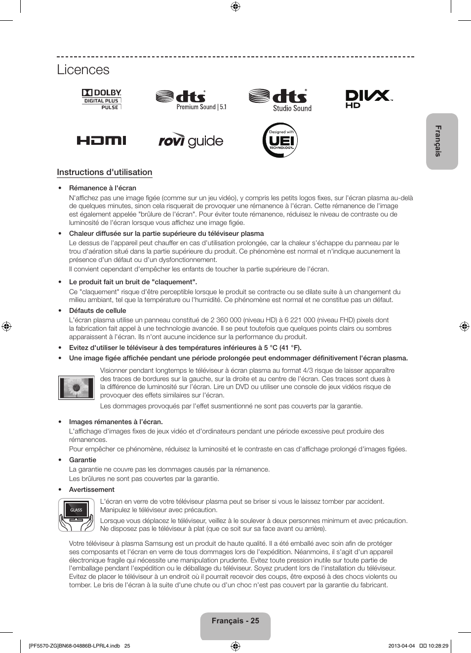 Licences, Instructions d'utilisation | Samsung PS60F5570SS User Manual | Page 49 / 97