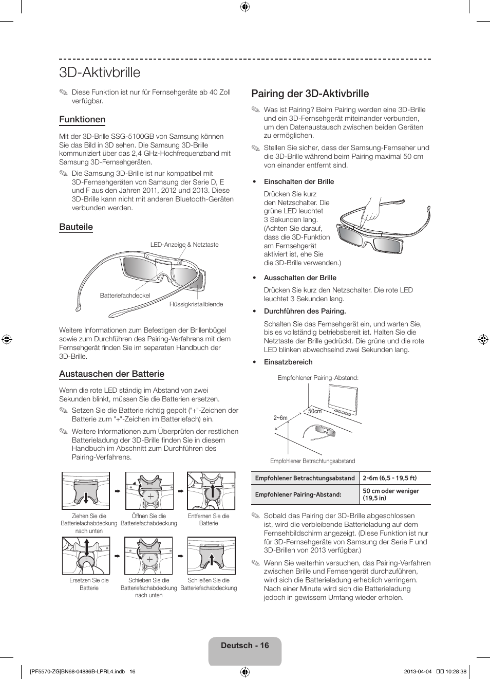 3d-aktivbrille, Pairing der 3d-aktivbrille | Samsung PS60F5570SS User Manual | Page 64 / 97