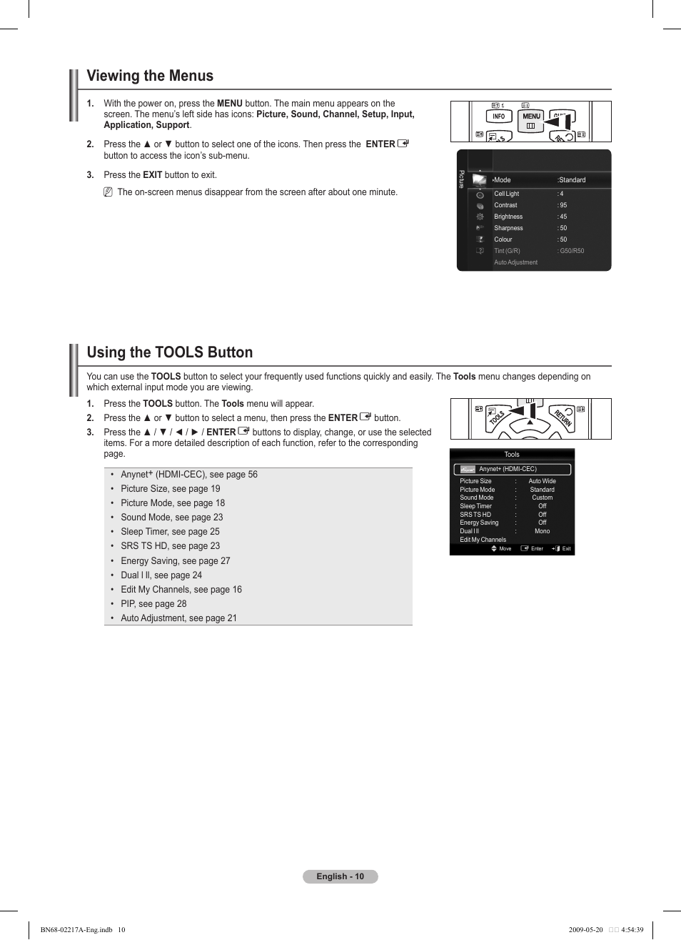 Viewing the menus, Using the tools button | Samsung PS50B679S1S User Manual | Page 10 / 339