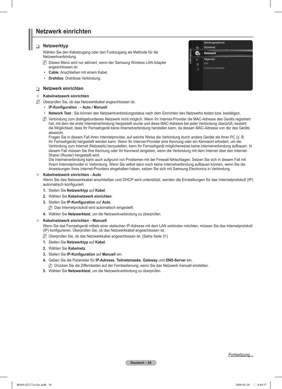 Netzwerk einrichten | Samsung PS50B679S1S User Manual | Page 125 / 339