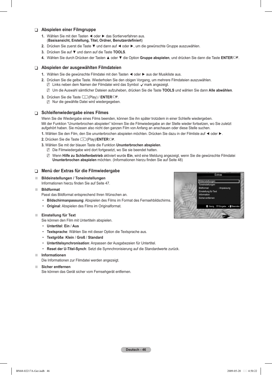 Abspielen einer filmgruppe, Abspielen der ausgewählten filmdateien, Schleifenwiedergabe eines filmes | Menü der extras für die filmwiedergabe | Samsung PS50B679S1S User Manual | Page 137 / 339