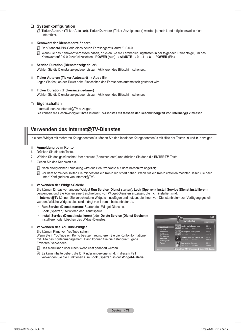 Verwenden des internet@tv-dienstes, Systemkonfiguration, Eigenschaften | Samsung PS50B679S1S User Manual | Page 163 / 339