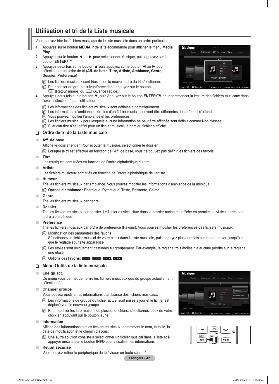 Utilisation et tri de la liste musicale, Ordre de tri de la liste musicale, Menu outils de la liste musicale | Samsung PS50B679S1S User Manual | Page 215 / 339