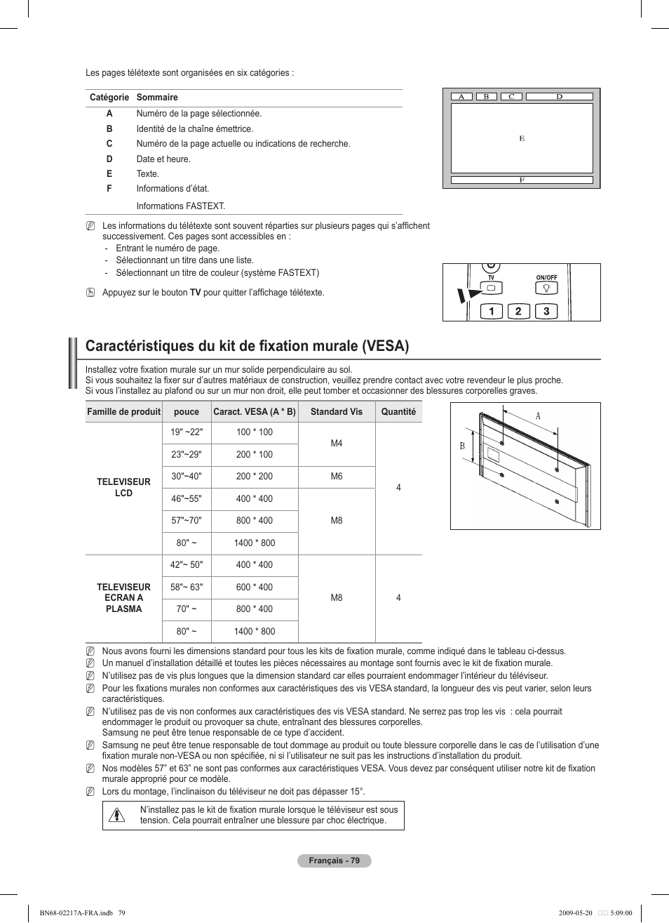 Caractéristiques du kit de fixation murale (vesa) | Samsung PS50B679S1S User Manual | Page 252 / 339