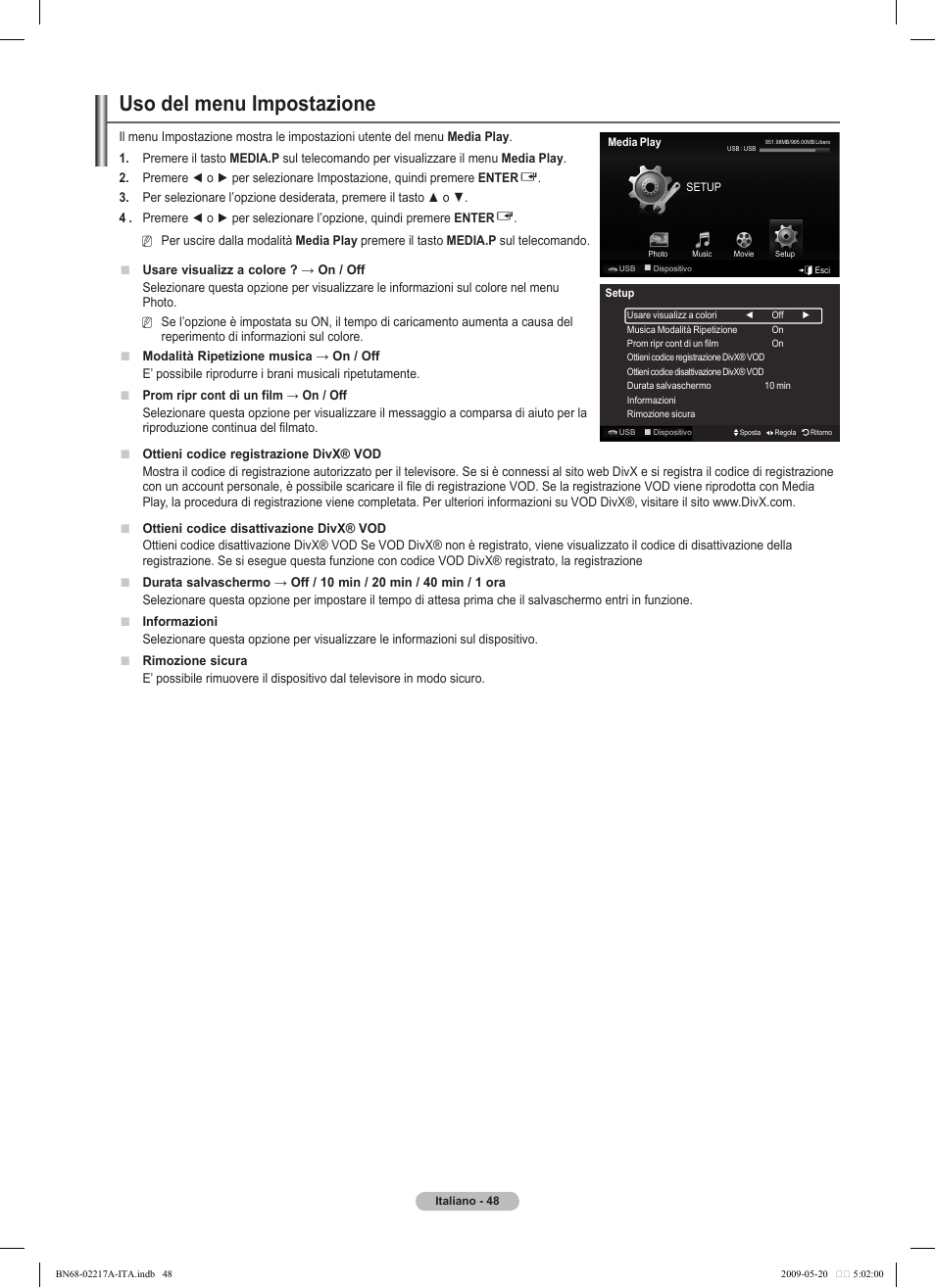 Uso del menu impostazione | Samsung PS50B679S1S User Manual | Page 303 / 339