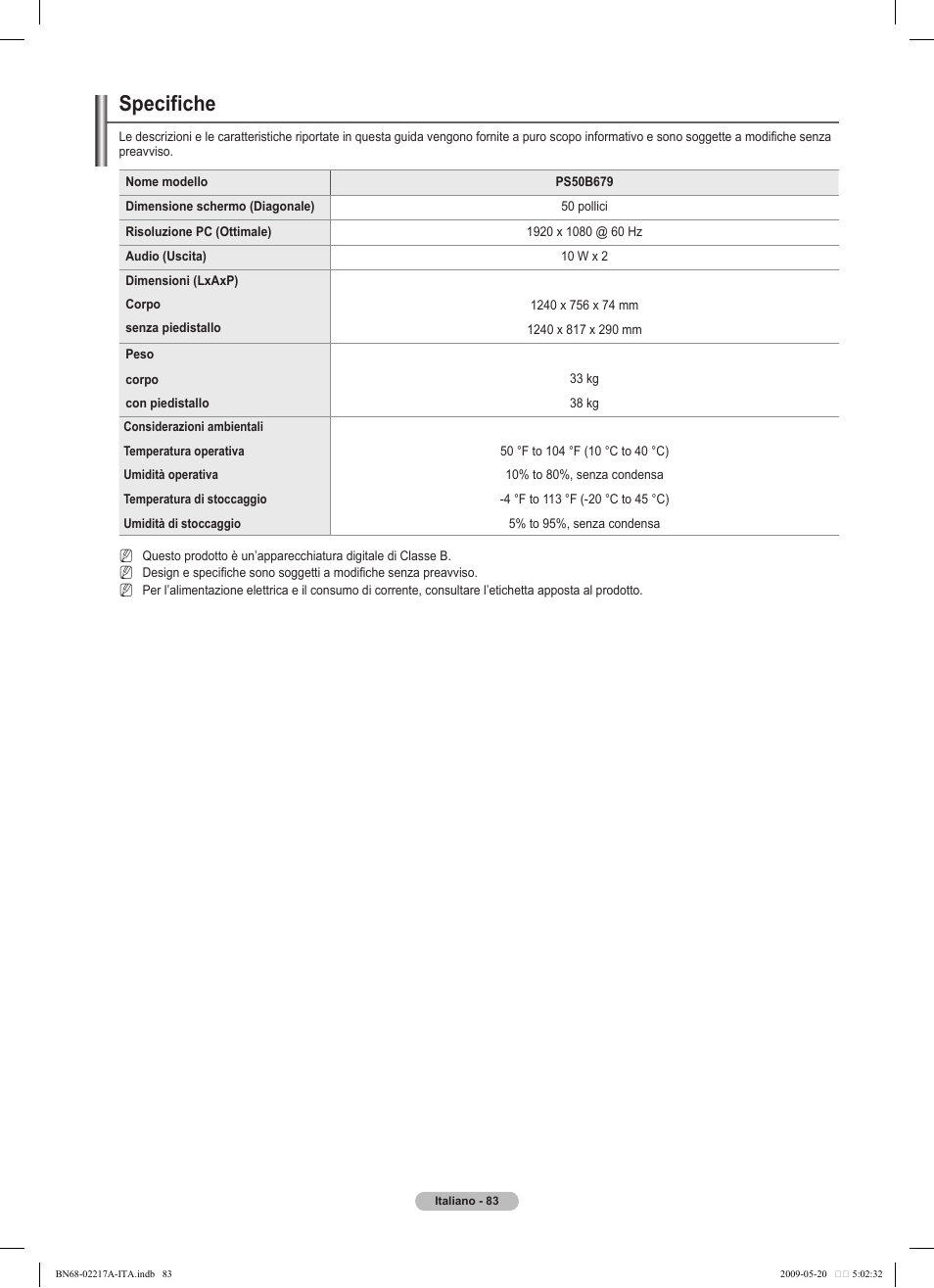 Specifiche | Samsung PS50B679S1S User Manual | Page 338 / 339