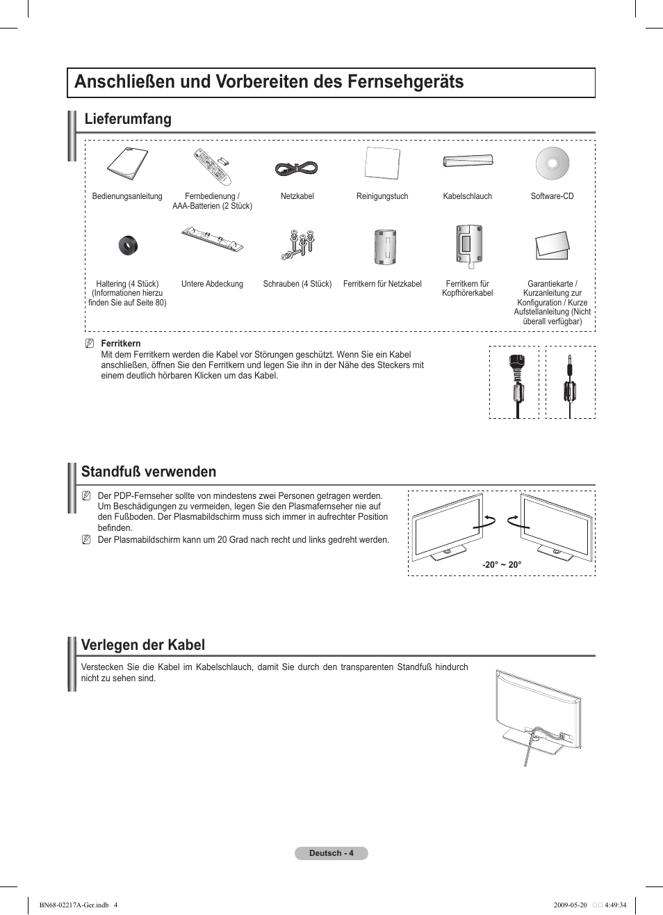 Anschließen und vorbereiten des fernsehgeräts, Verlegen der kabel, Standfuß verwenden | Lieferumfang | Samsung PS50B679S1S User Manual | Page 95 / 339