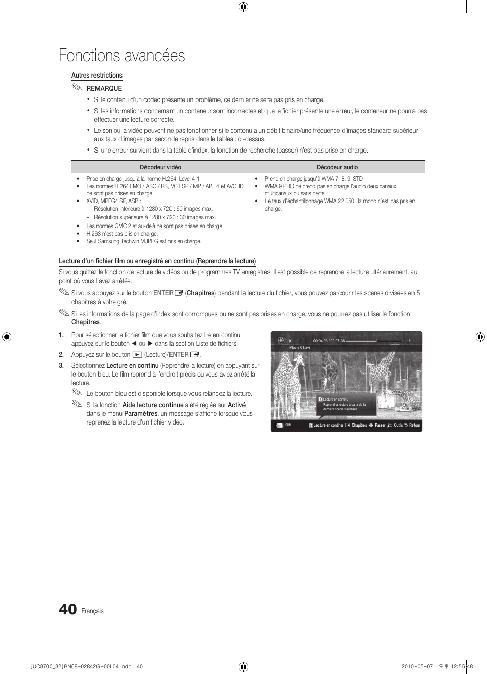 Fonctions avancées | Samsung UE32C8700XS User Manual | Page 102 / 249