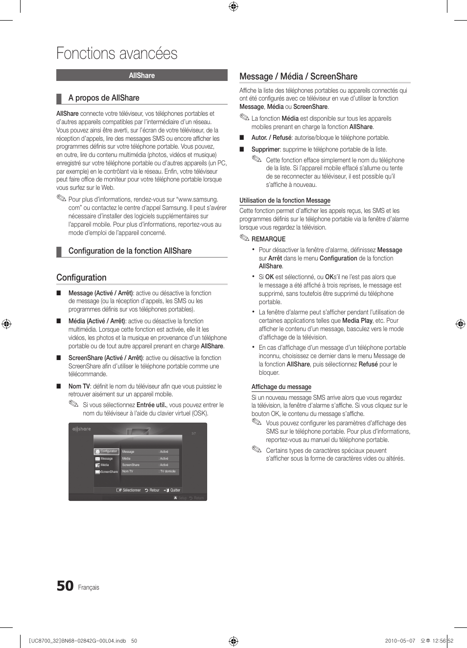 Fonctions avancées, Configuration, Message / média / screenshare | Samsung UE32C8700XS User Manual | Page 112 / 249