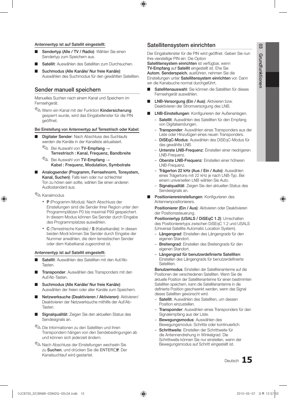 Sender manuell speichern, Satellitensystem einrichten | Samsung UE32C8700XS User Manual | Page 139 / 249