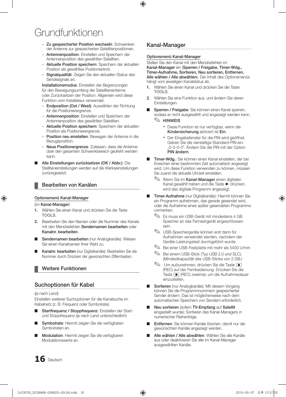 Grundfunktionen, Suchoptionen für kabel, Kanal-manager | Samsung UE32C8700XS User Manual | Page 140 / 249