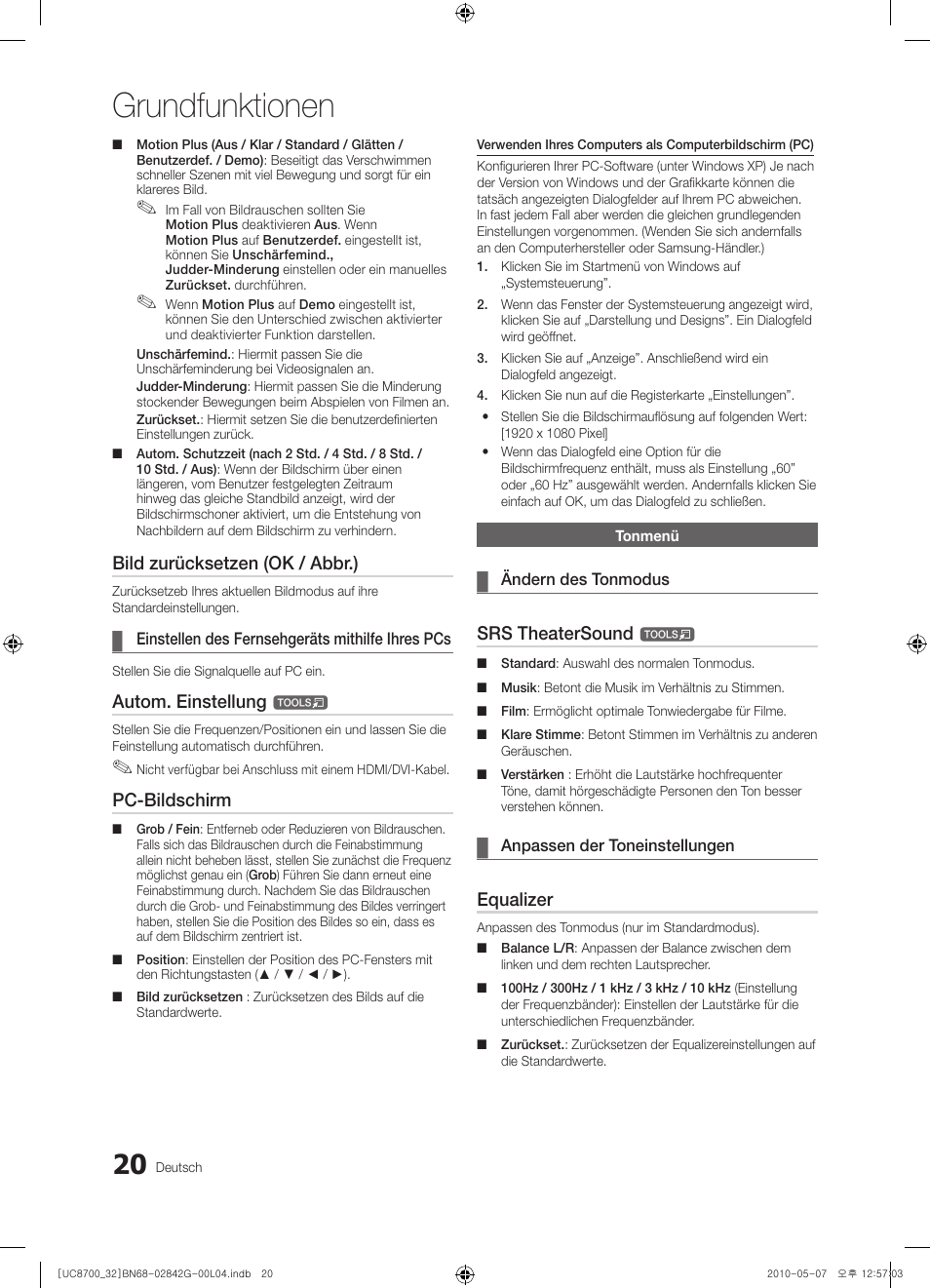 Grundfunktionen, Bild zurücksetzen (ok / abbr.), Autom. einstellung | Pc-bildschirm, Srs theatersound, Equalizer | Samsung UE32C8700XS User Manual | Page 144 / 249