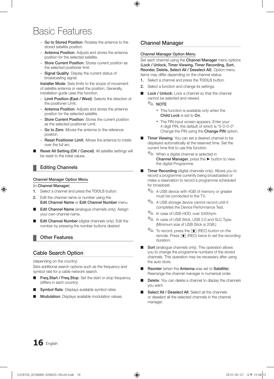 Basic features, Cable search option, Channel manager | Samsung UE32C8700XS User Manual | Page 16 / 249
