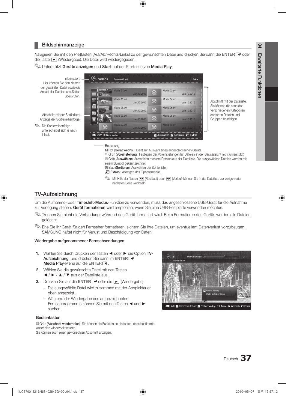 Tv-aufzeichnung, Bildschirmanzeige | Samsung UE32C8700XS User Manual | Page 161 / 249