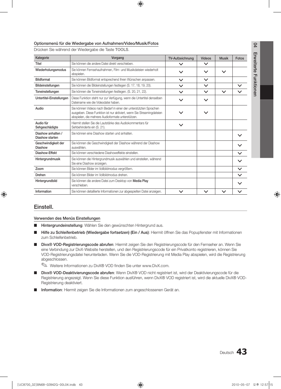Einstell | Samsung UE32C8700XS User Manual | Page 167 / 249