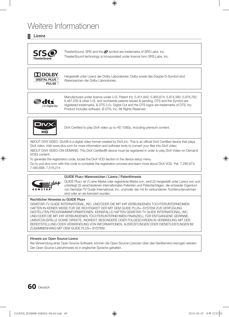 Weitere informationen | Samsung UE32C8700XS User Manual | Page 184 / 249