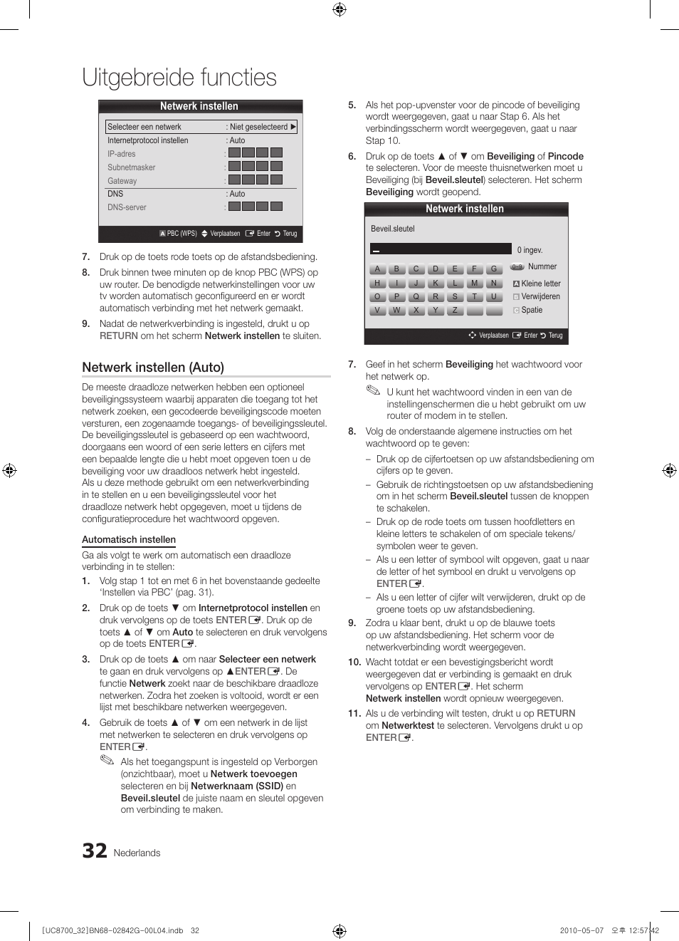 Uitgebreide functies, Netwerk instellen (auto) | Samsung UE32C8700XS User Manual | Page 218 / 249
