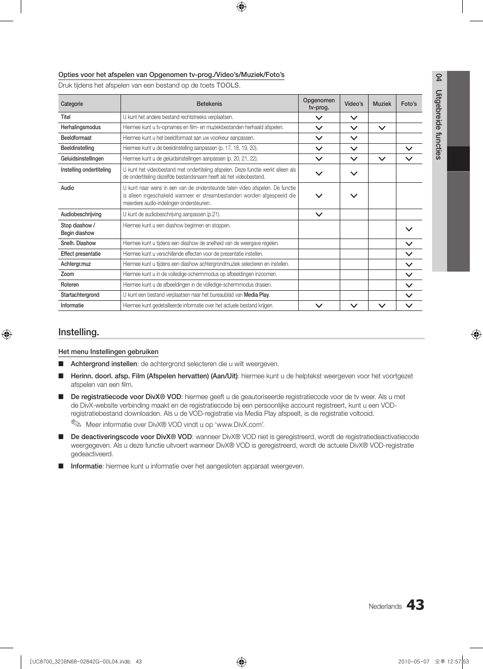 Instelling | Samsung UE32C8700XS User Manual | Page 229 / 249