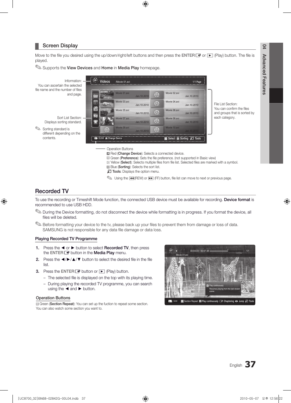 Recorded tv, Screen display | Samsung UE32C8700XS User Manual | Page 37 / 249