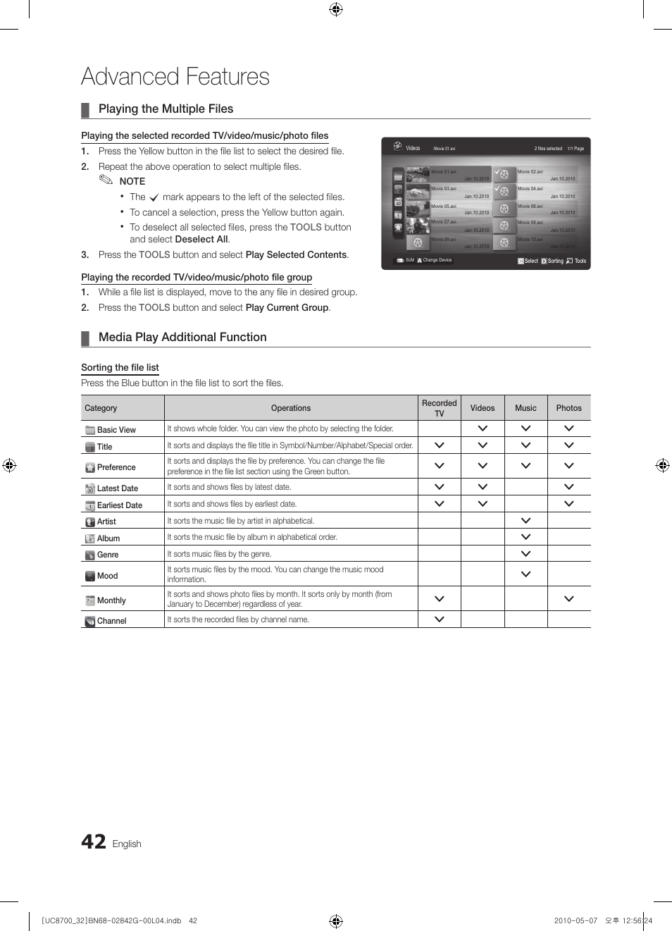 Advanced features, Playing the multiple files, Media play additional function | Samsung UE32C8700XS User Manual | Page 42 / 249