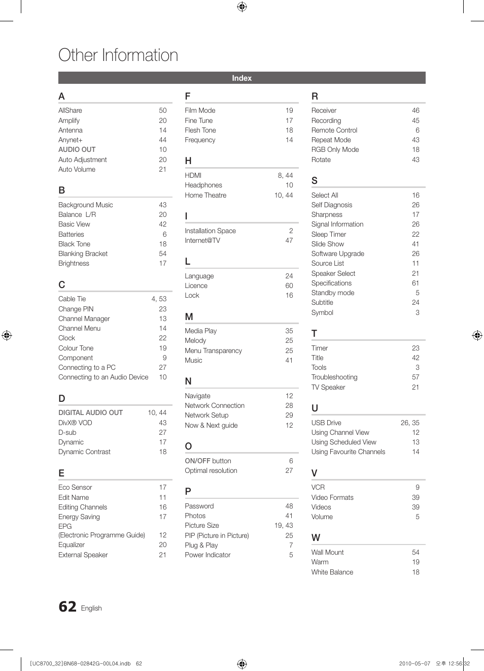 Other information | Samsung UE32C8700XS User Manual | Page 62 / 249
