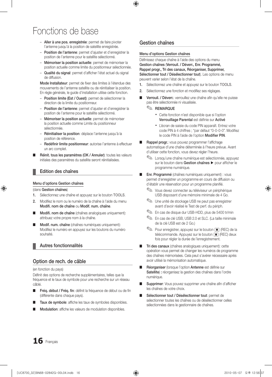 Fonctions de base, Option de rech. de câble, Gestion chaînes | Samsung UE32C8700XS User Manual | Page 78 / 249