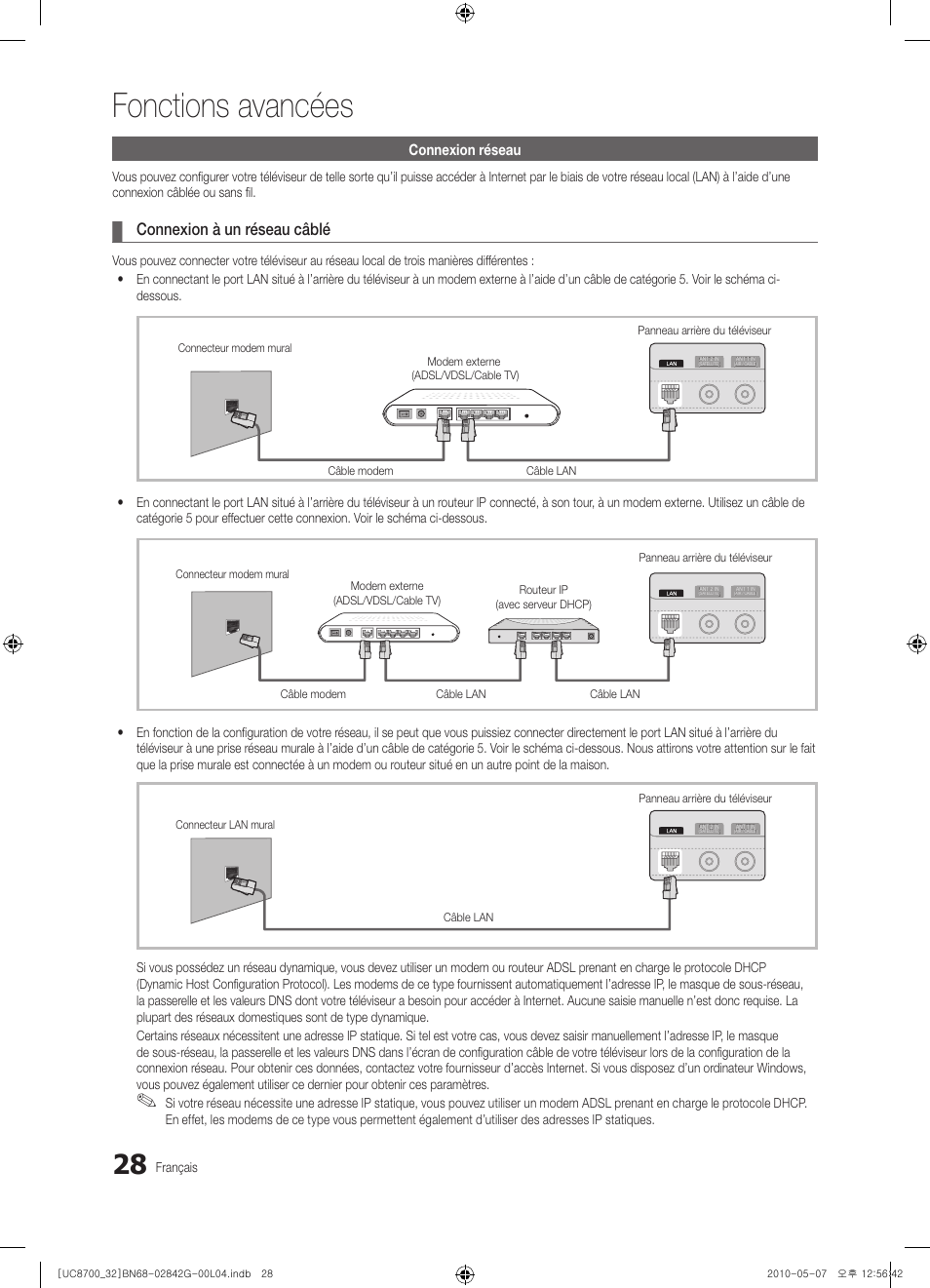 Fonctions avancées, Connexion à un réseau câblé, Connexion réseau | Français | Samsung UE32C8700XS User Manual | Page 90 / 249