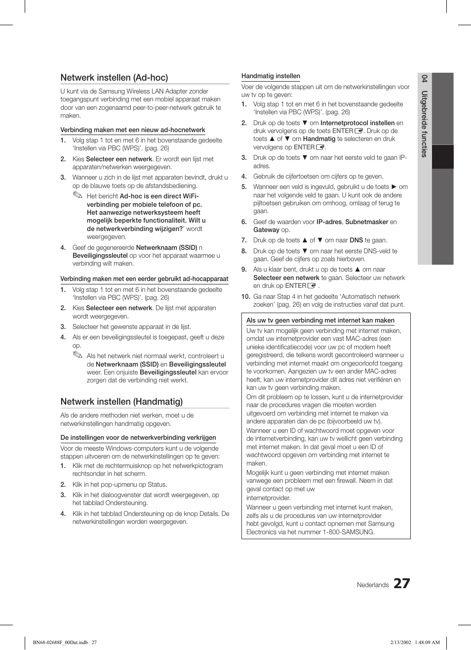 Netwerk instellen (ad-hoc), Netwerk instellen (handmatig) | Samsung LE46C550J1W User Manual | Page 171 / 193