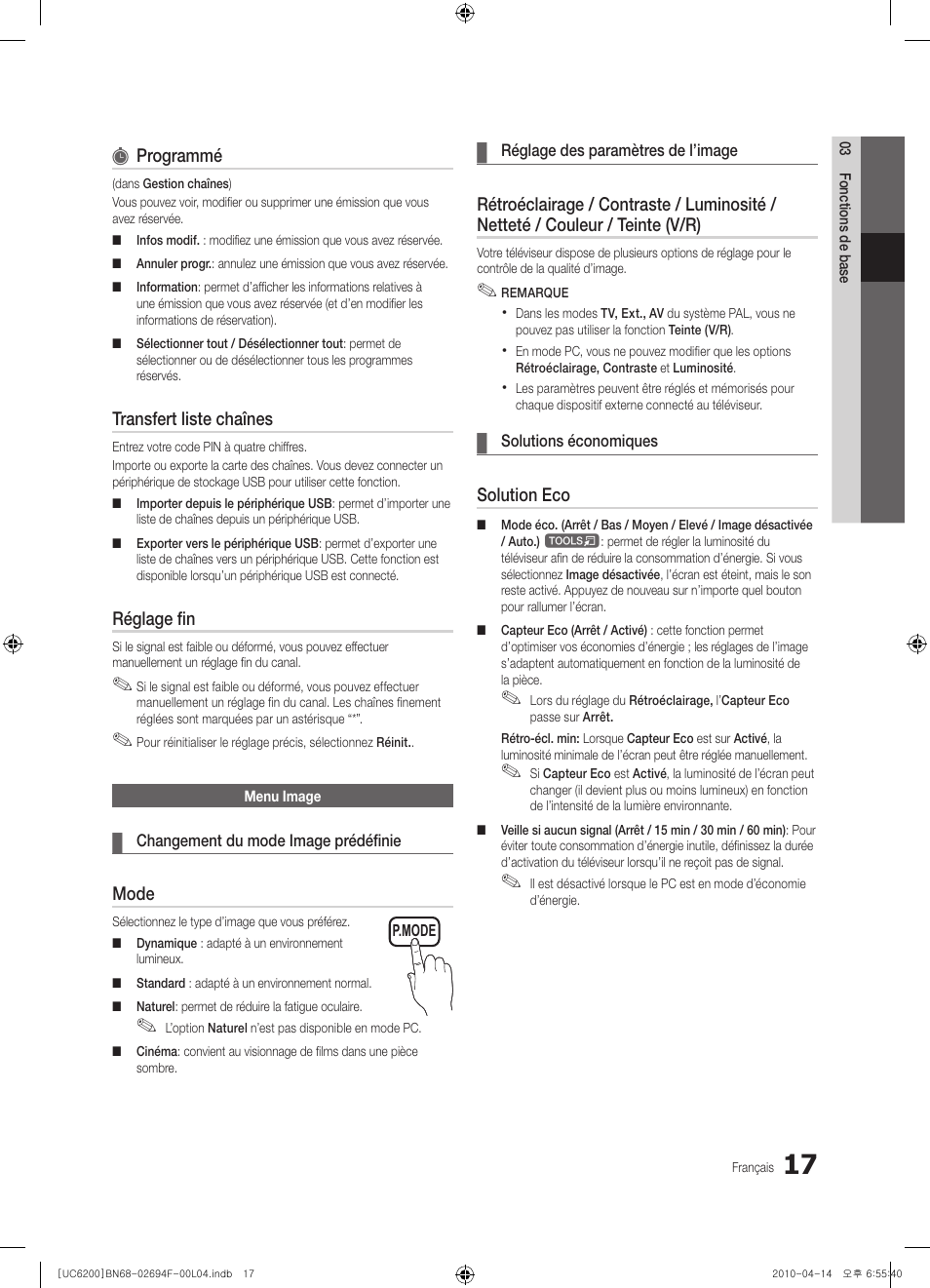 Programmé, Transfert liste chaînes, Réglage fin | Mode, Solution eco | Samsung UE32C6200RS User Manual | Page 133 / 232