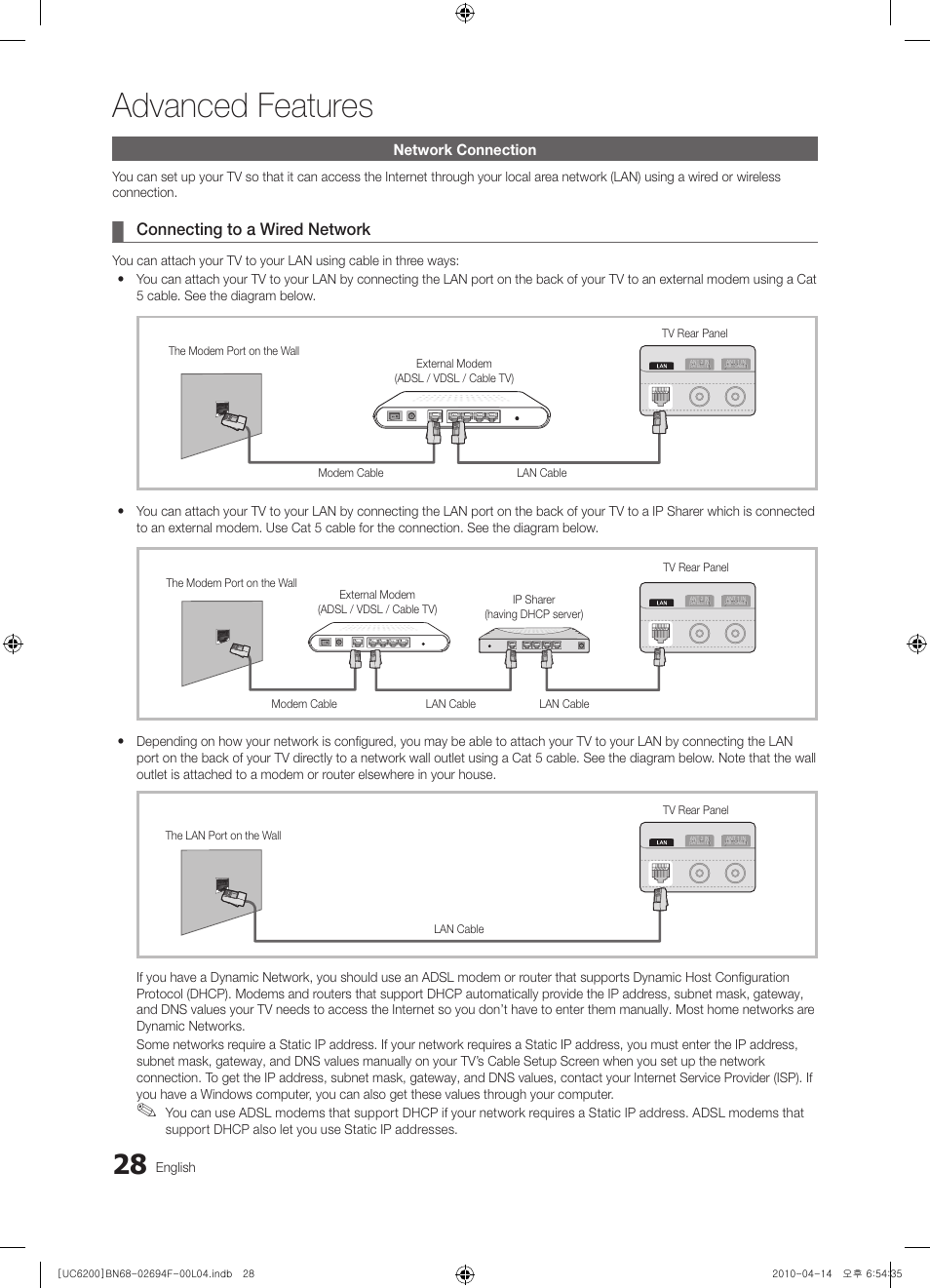 Advanced features, Connecting to a wired network, Network connection | English | Samsung UE32C6200RS User Manual | Page 28 / 232