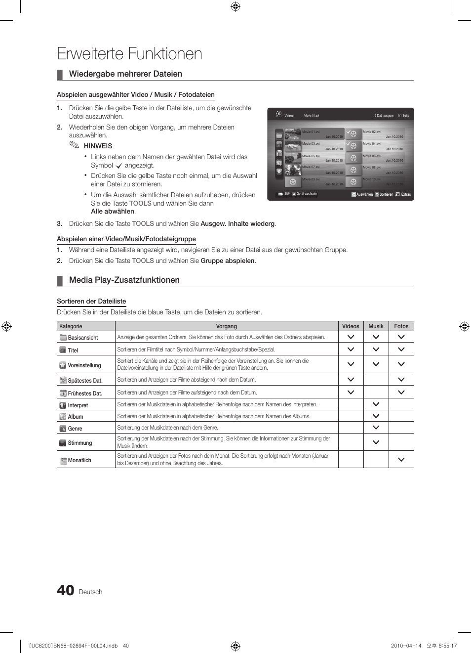 Erweiterte funktionen, Wiedergabe mehrerer dateien, Media play-zusatzfunktionen | Samsung UE32C6200RS User Manual | Page 98 / 232