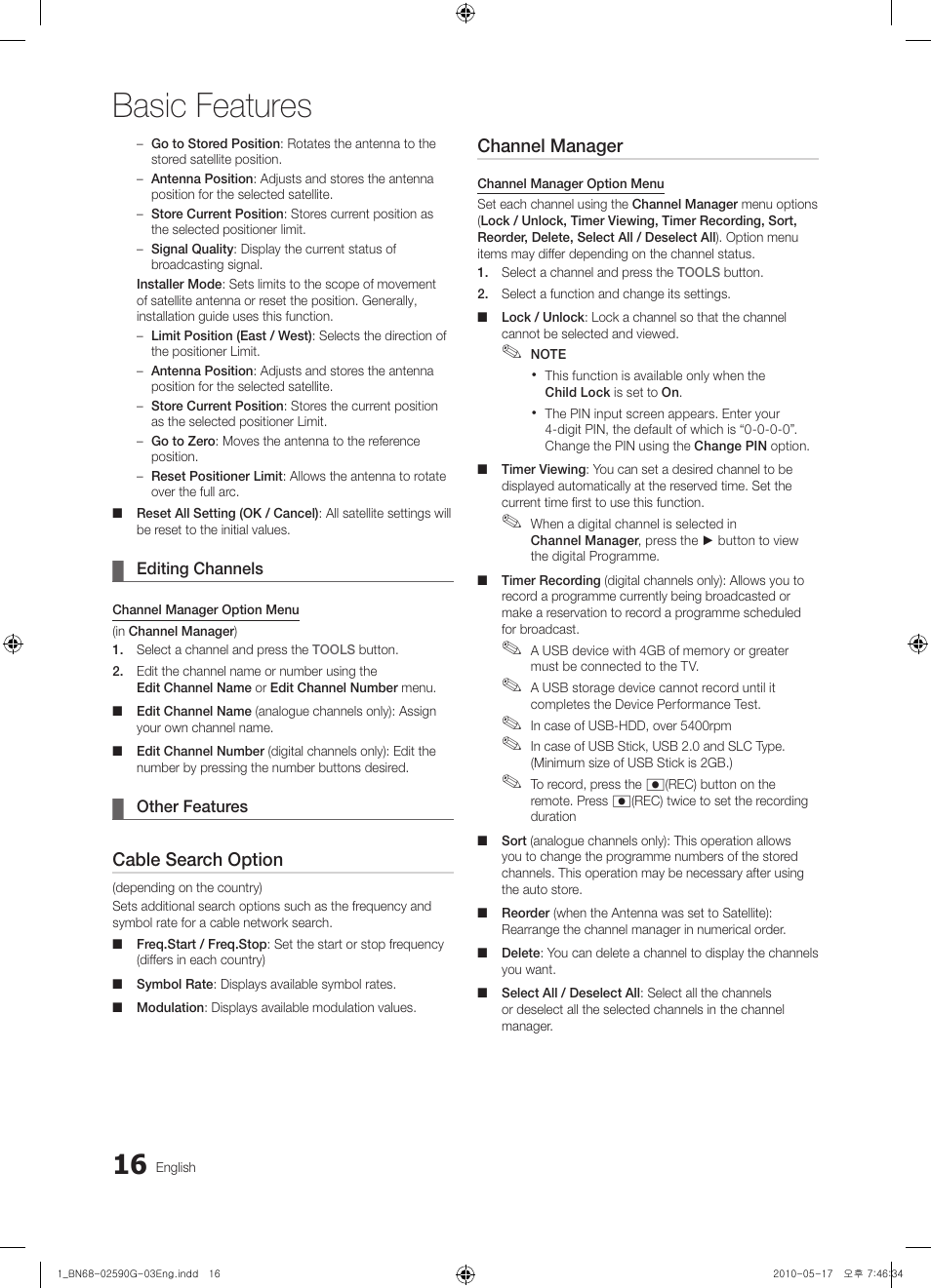 Basic features, Cable search option, Channel manager | Samsung UE40C7700WS User Manual | Page 16 / 258