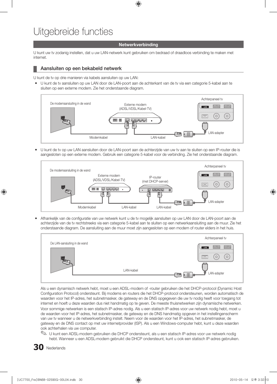 Uitgebreide functies, Aansluiten op een bekabeld netwerk, Netwerkverbinding | Nederlands | Samsung UE40C7700WS User Manual | Page 222 / 258