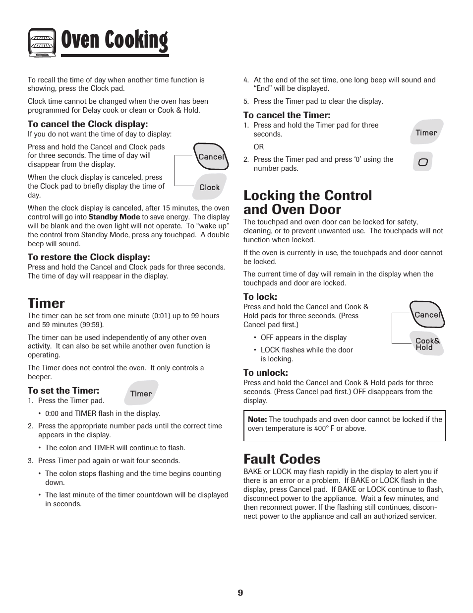 Oven cooking, Timer, Locking the control and oven door | Fault codes | Amana AER5845RAW User Manual | Page 10 / 84