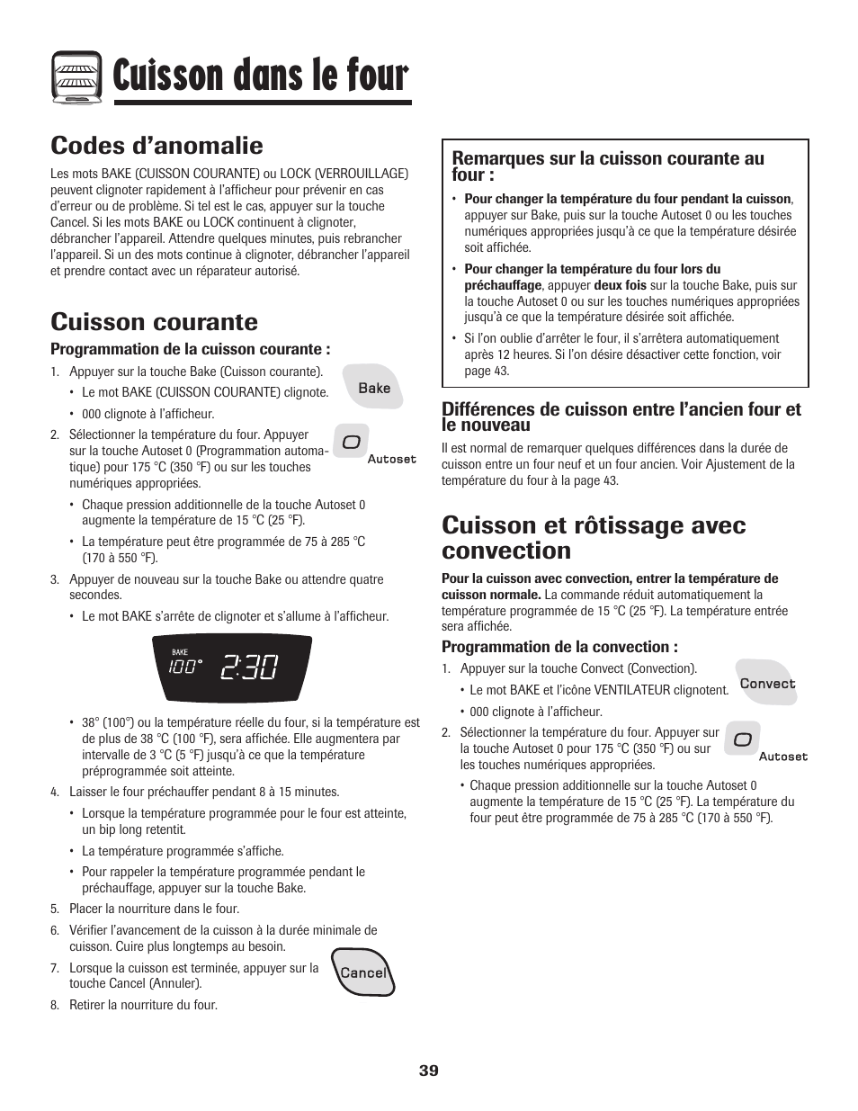 Cuisson dans le four, Codes d’anomalie, Cuisson courante | Cuisson et rôtissage avec convection, Remarques sur la cuisson courante au four | Amana AER5845RAW User Manual | Page 40 / 84