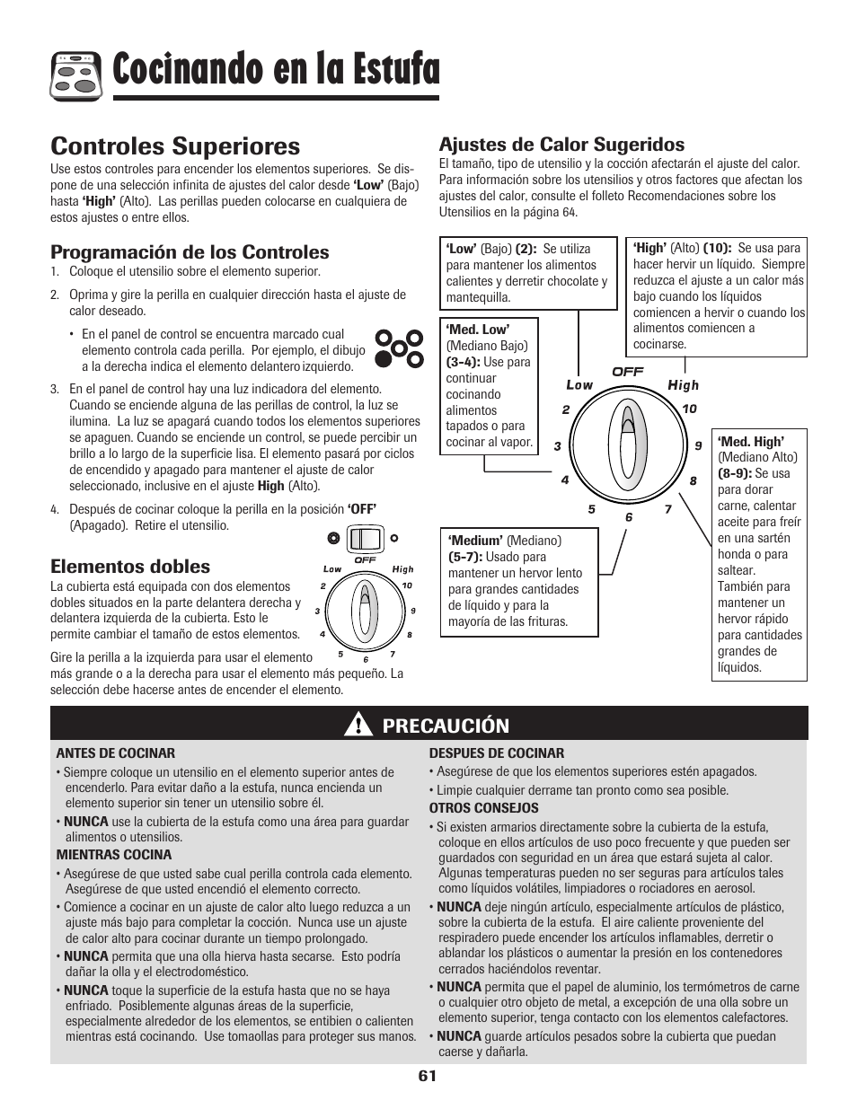 Cocinando en la estufa, Controles superiores, Programación de los controles | Elementos dobles, Ajustes de calor sugeridos, Precaución | Amana AER5845RAW User Manual | Page 62 / 84